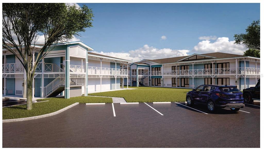 A digital rendering shows the exterior of a two-story apartment complex with parking spaces — 5995 W IRLO BRONSON MEMORIAL HIGHWAY, KISSIMMEE, FL