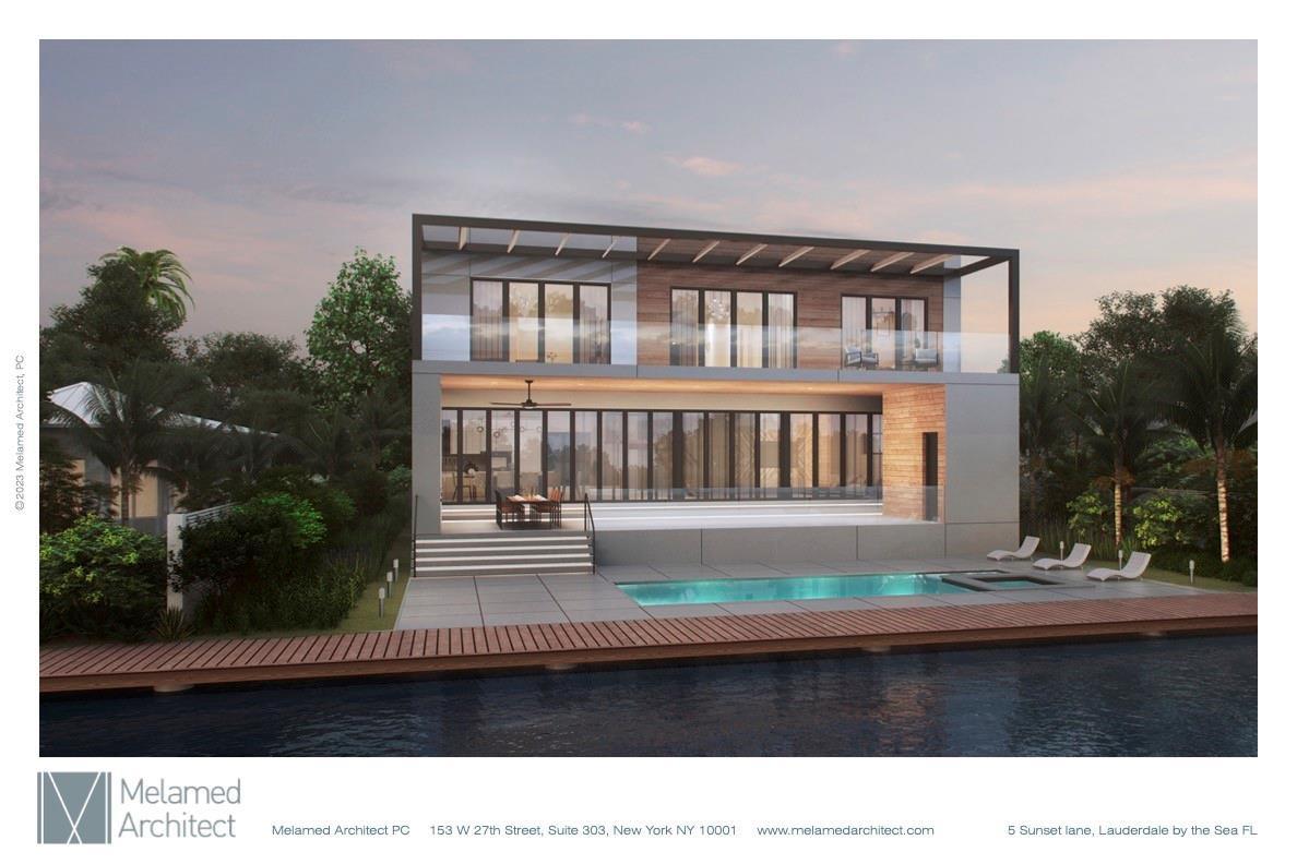 This architectural rendering shows a modern two-story house with a pool, deck, and glass balconies — 5 Sunset Lane, Pompano Beach FL 33062, POMPANO BEACH, FL