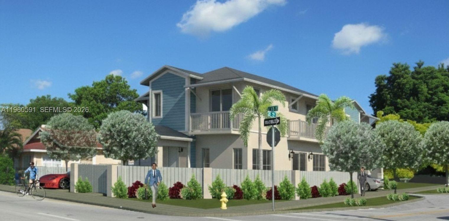 This is a digital rendering of a two-story residential building with a fenced yard — 481 NE 61st St, Miami FL 33137, MIAMI, FL