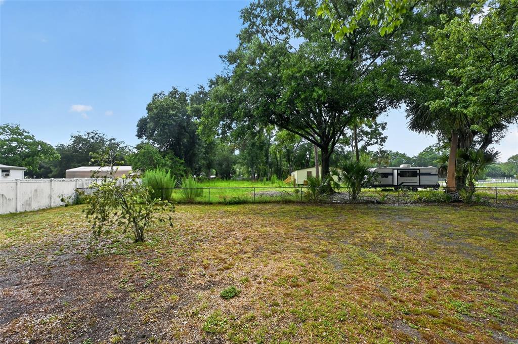 A large, grassy backyard features a chain-link fence, mature trees, and a parked recreational vehicle — 26322 BRAHMA DRIVE, WESLEY CHAPEL, FL