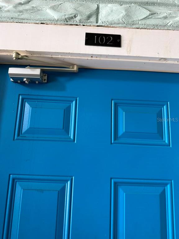 A bright blue door with a silver closer and the number 102 above it — 308 GROVE STREET N UNIT 102, ST PETERSBURG, FL