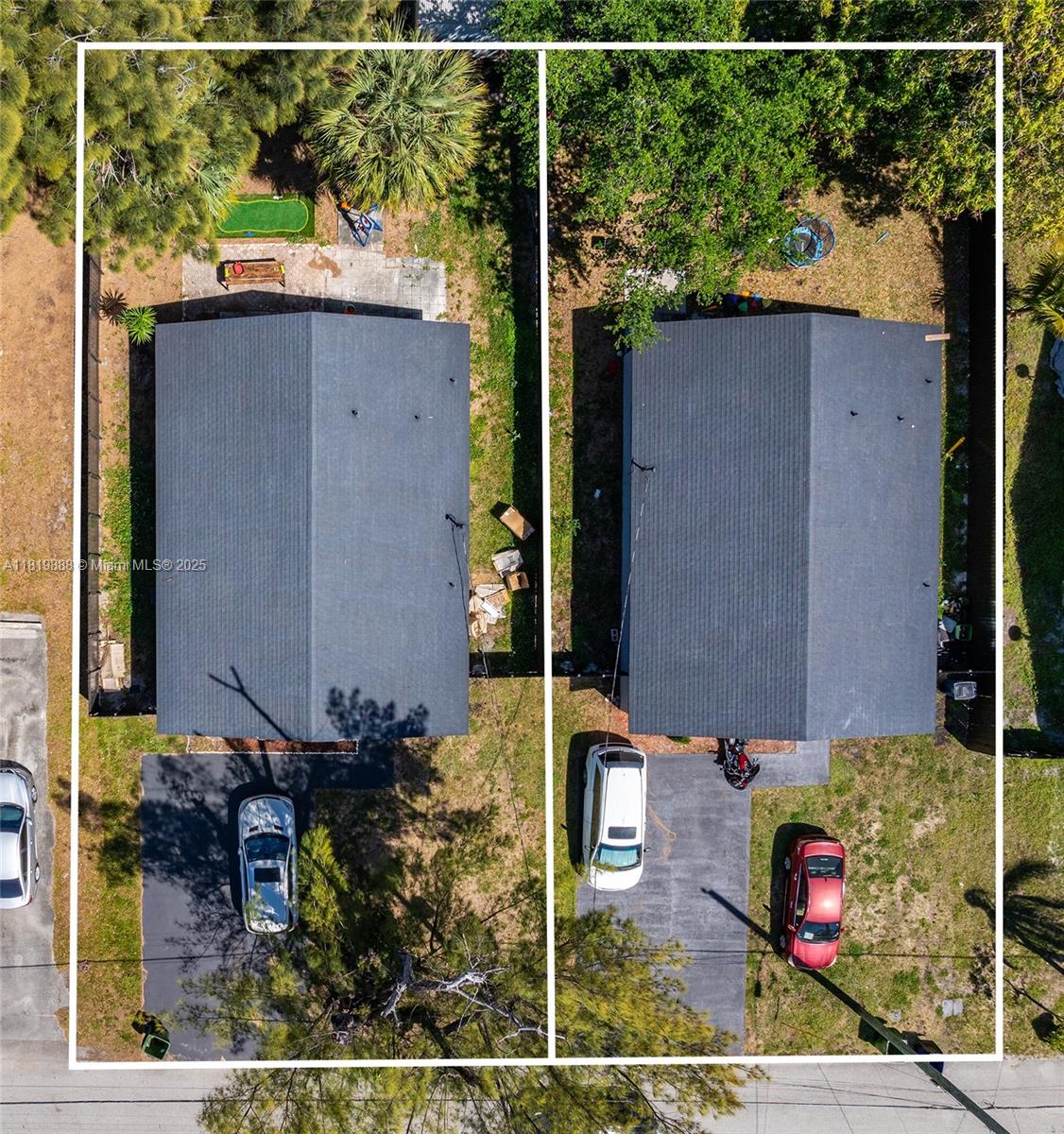 An aerial view shows two adjacent houses with dark roofs, driveways, and backyard green spaces — 311 SE 3rd Ave, Hallandale Beach FL 33009, HALLANDALE BEACH, FL