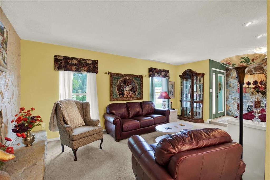 A living room with yellow walls, a stone fireplace, and leather furniture — 5790 150TH AVENUE N, CLEARWATER, FL