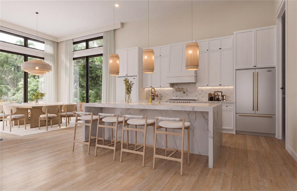This is a rendering of a modern kitchen featuring white cabinetry, marble countertops, and bar seating — 4183 ROBERTS POINT CIRCLE LOT 18, SARASOTA, FL
