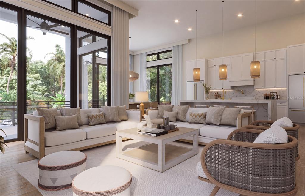 This is a rendering of an open-concept living room and kitchen with modern coastal decor — 4183 ROBERTS POINT CIRCLE LOT 18, SARASOTA, FL