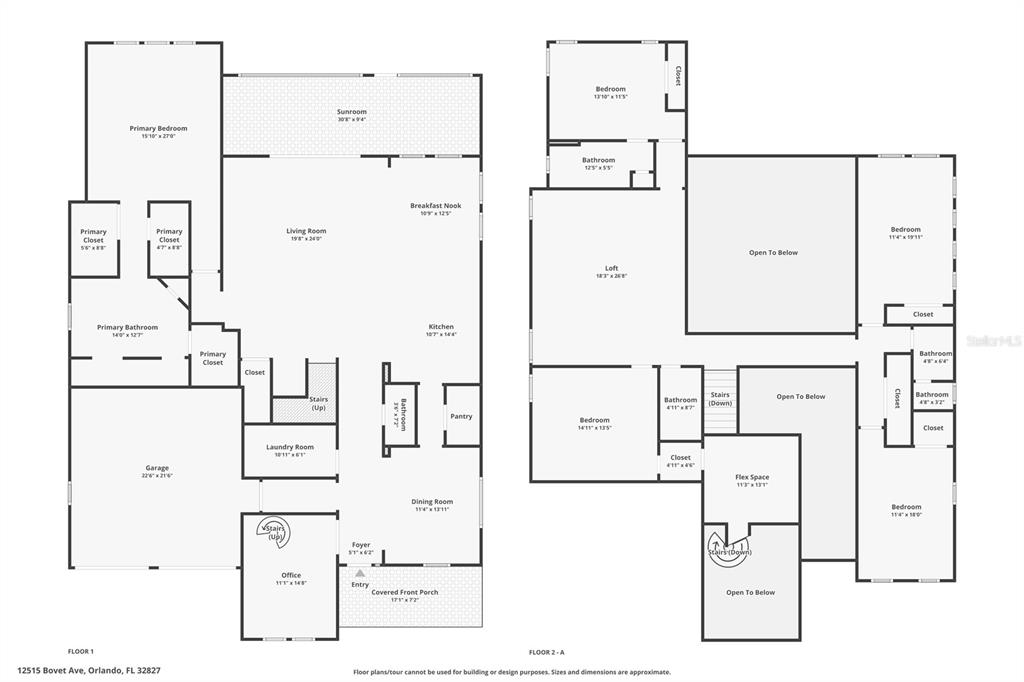 This image is a two-story floor plan showing the layout of a residential home — 12515 BOVET AVENUE, ORLANDO, FL