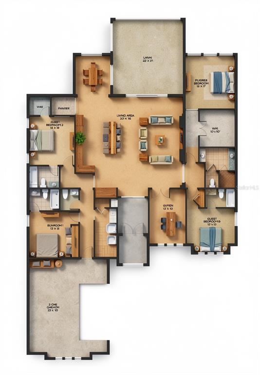 This is a 2D floor plan rendering of a single-story home with a garage and lanai — 950 FRIENDS COURT, SANFORD, FL