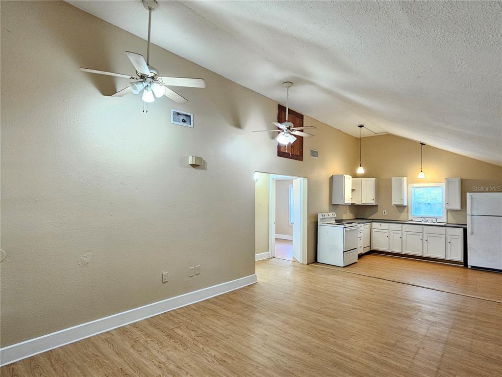 A living room with vaulted ceilings and two ceiling fans opens into a white kitchen — 2441 E MAGNOLIA STREET, LAKELAND, FL