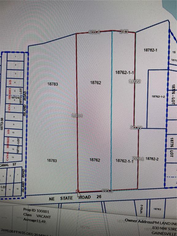 This image is a property tax map showing parcel boundaries and dimensions along a road — 24510 NE STATE RD 26, MELROSE, FL