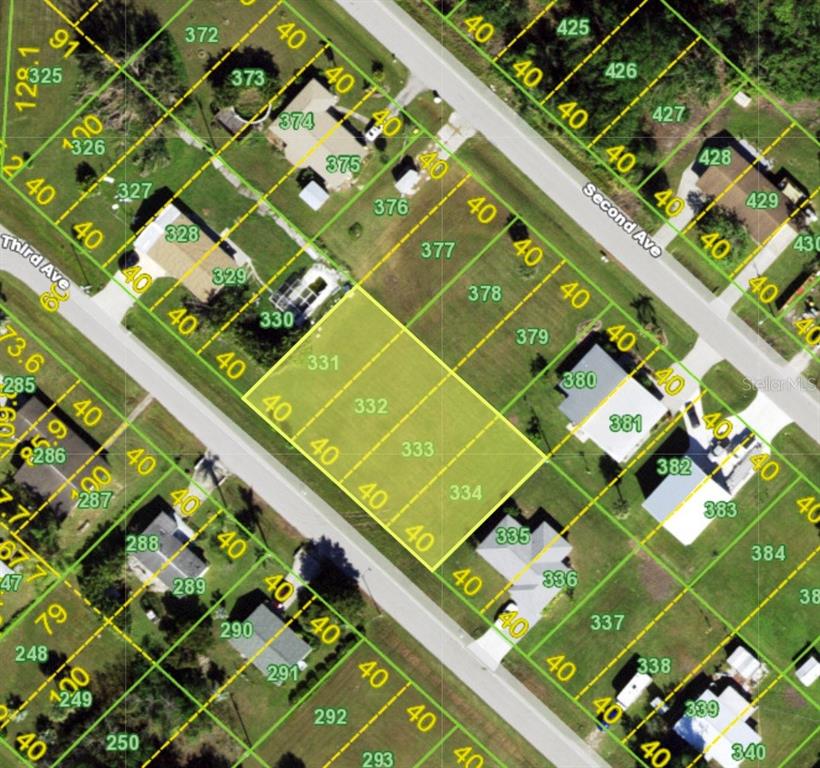 This is an aerial map showing a cluster of four highlighted residential lots — 11131 3RD AVENUE, PUNTA GORDA, FL
