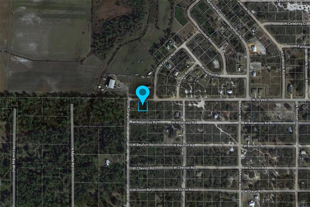 This is a satellite map view showing a property location marked with a blue pin — 3025 W STRYKER ROAD, AVON PARK, FL