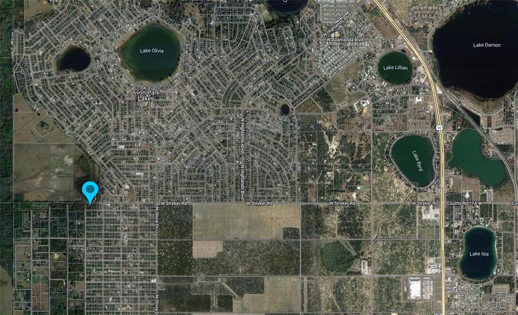 This is a satellite map view of a residential area in Avon Park, Florida — 3025 W STRYKER ROAD, AVON PARK, FL