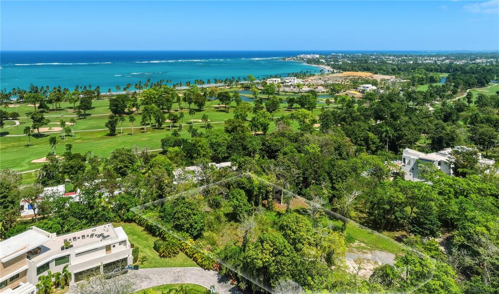An aerial view shows a vacant, tree-covered lot situated near a golf course and ocean — Lot-17 VILLA DORADO ESTATES, DORADO, PR