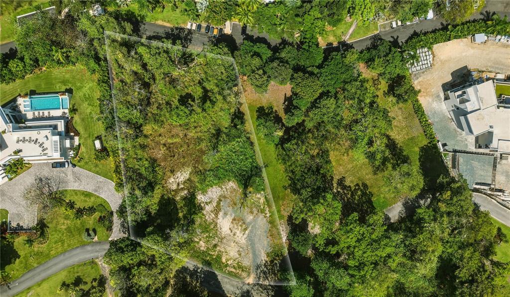 An aerial view shows a vacant, wooded residential lot outlined in white within a neighborhood — Lot-17 VILLA DORADO ESTATES, DORADO, PR
