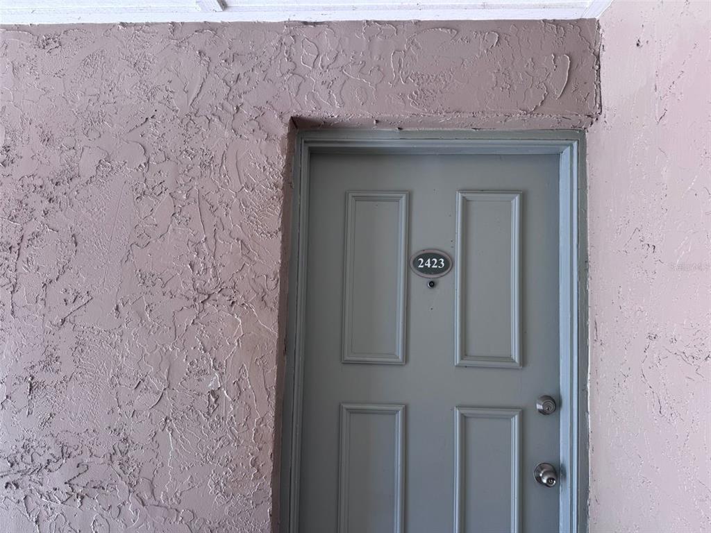 A gray door with the number 2423 is set into a textured, light-brown exterior wall — 7210 N MANHATTAN AVENUE UNIT 2423, TAMPA, FL