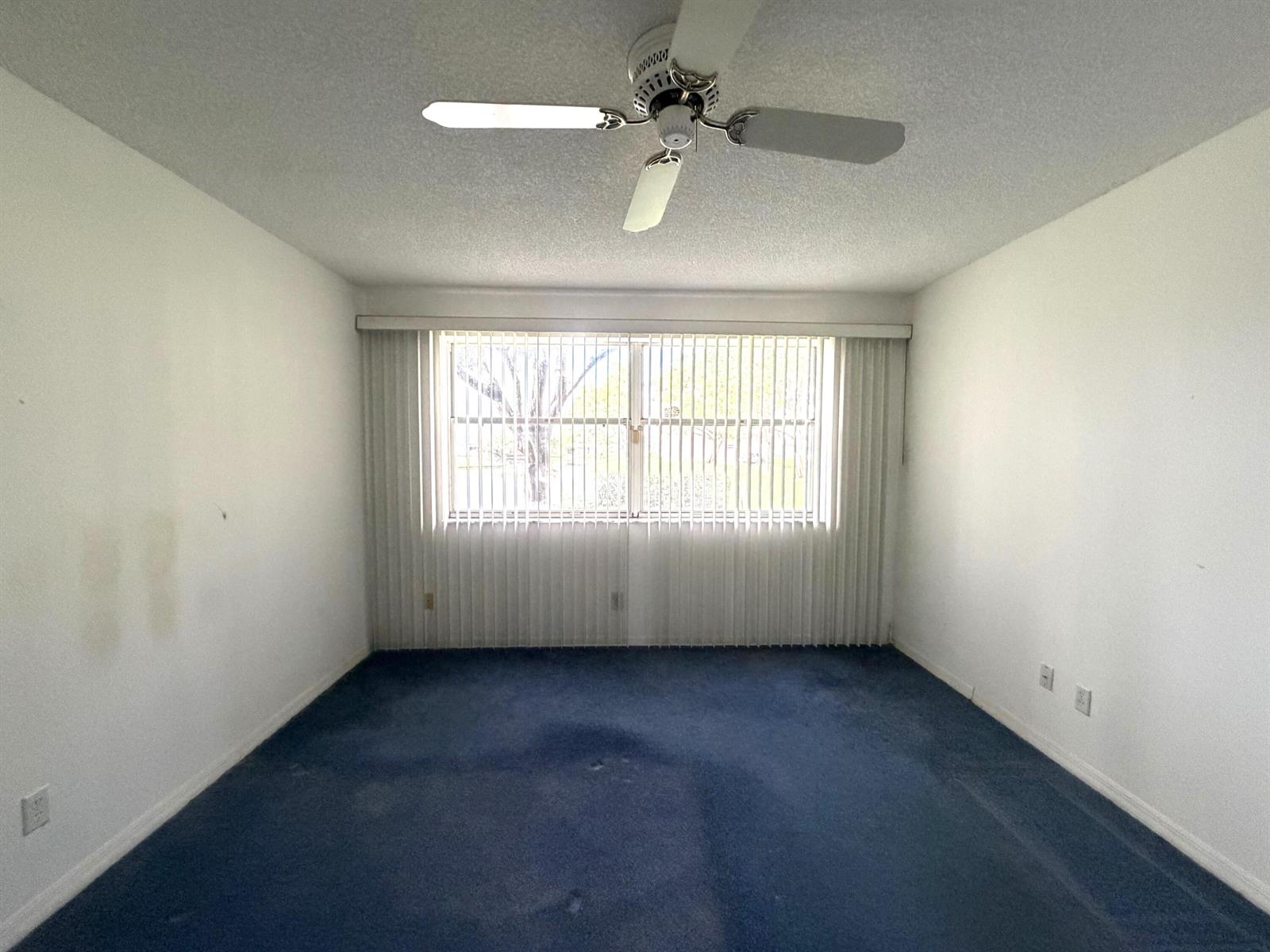 An empty bedroom features white walls, blue carpeting, a ceiling fan, and vertical window blinds — 10382 NW 24th Place, Sunrise FL 33322, SUNRISE, FL