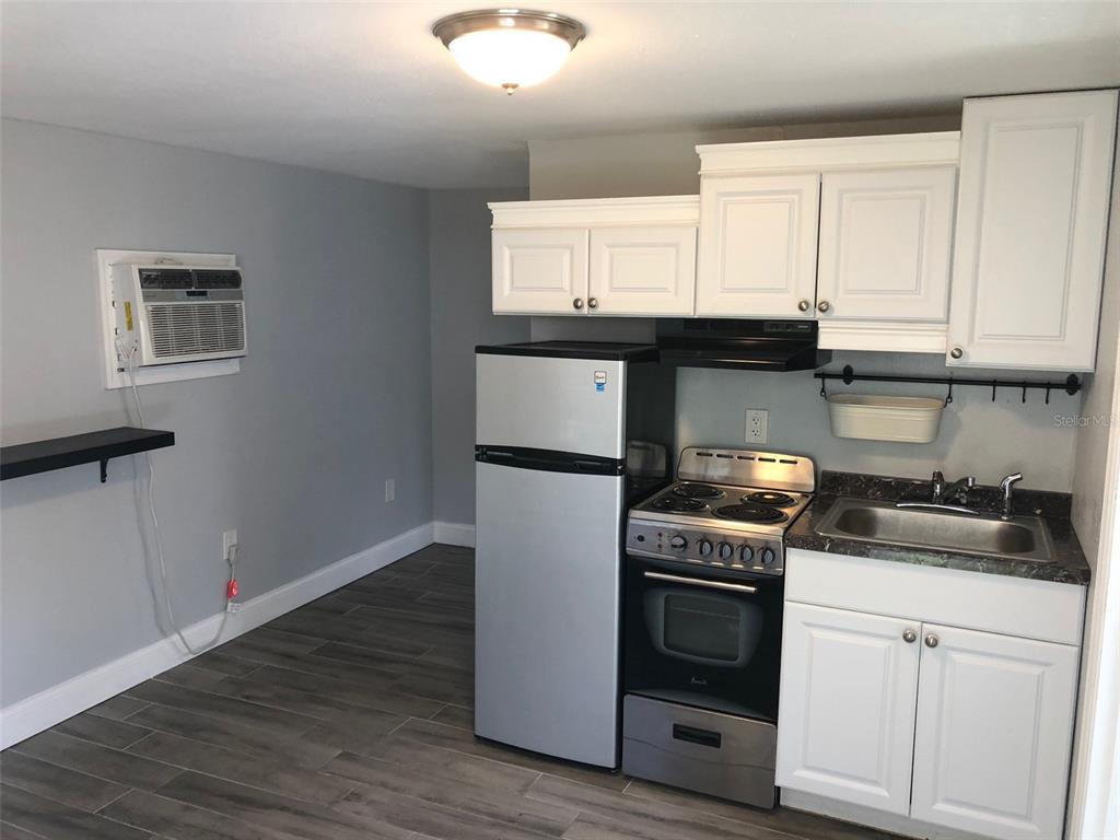 A small kitchen features white cabinets, stainless steel appliances, and gray wood-look flooring — 216 12TH AVENUE N UNIT Downstairs, ST PETERSBURG, FL
