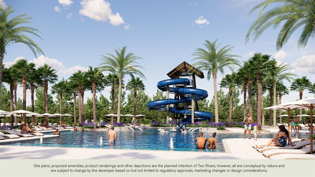 A rendering of a swimming pool with a blue water slide and palm trees — 34299 GRANDE DOMINION DRIVE, ZEPHYRHILLS, FL