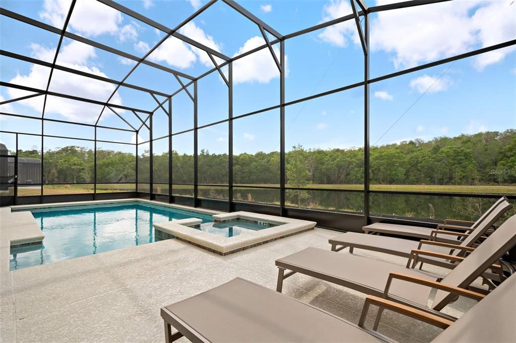 A screened-in pool and spa area with lounge chairs overlooking a wooded lake view — 4041 SONOMA BOULEVARD, KISSIMMEE, FL