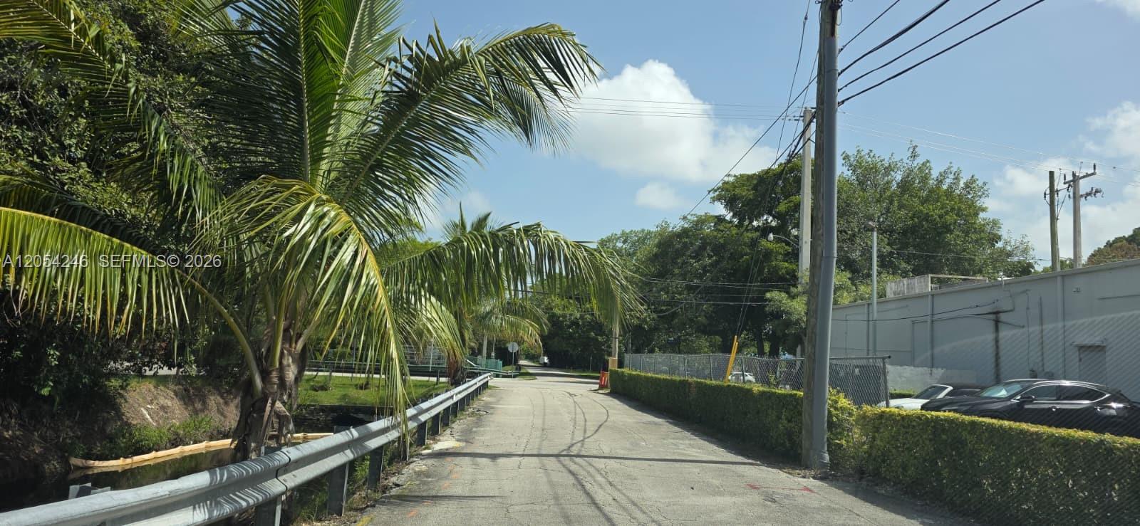 A paved road runs past a palm tree, a metal guardrail, and a hedge-lined fence — 7901 SW 64th Ave # 4, South Miami FL 33143, SOUTH MIAMI, FL