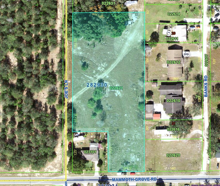 This is a property map showing parcel boundaries and dimensions overlaid on an aerial view — 2241 MAMMOTH GROVE ROAD, LAKE WALES, FL