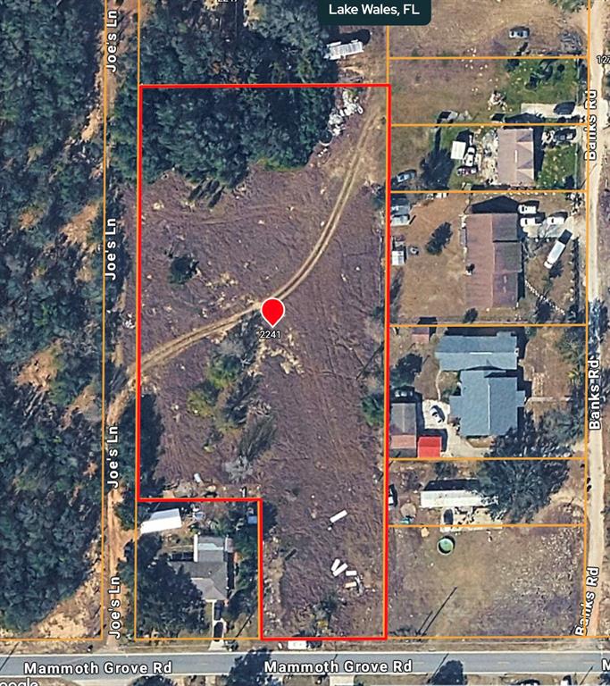 An aerial map view shows a large, partially cleared rectangular lot with a red outline — 2241 MAMMOTH GROVE ROAD, LAKE WALES, FL