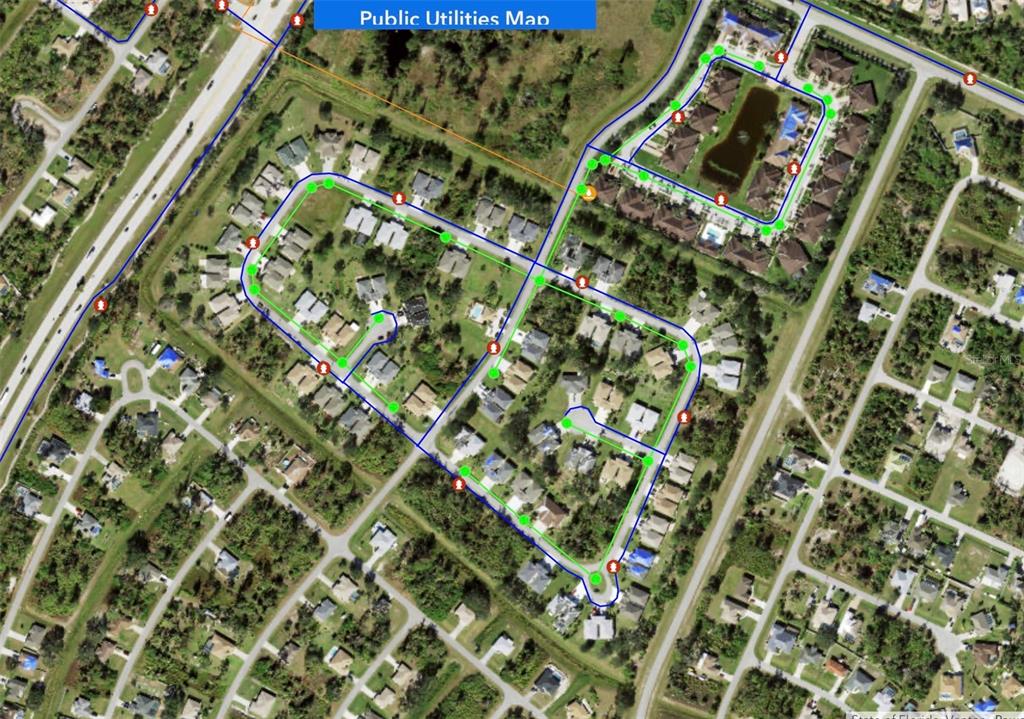 An aerial map shows a residential neighborhood with utility lines highlighted in blue and green — FAIRLANE DRIVE, NORTH PORT, FL