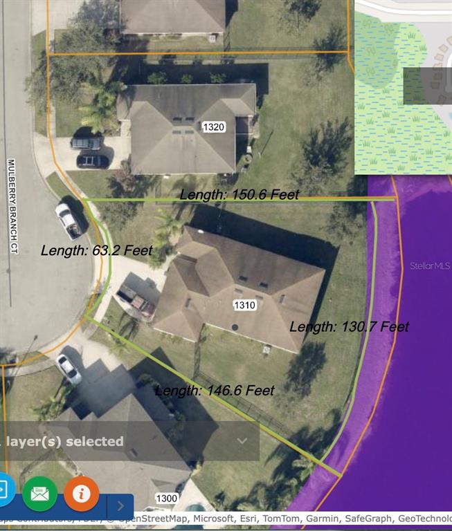 This is a satellite map view showing the property boundaries and dimensions of a residential lot — 131 MULBERRY BRANCH COURT, DAYTONA BEACH, FL