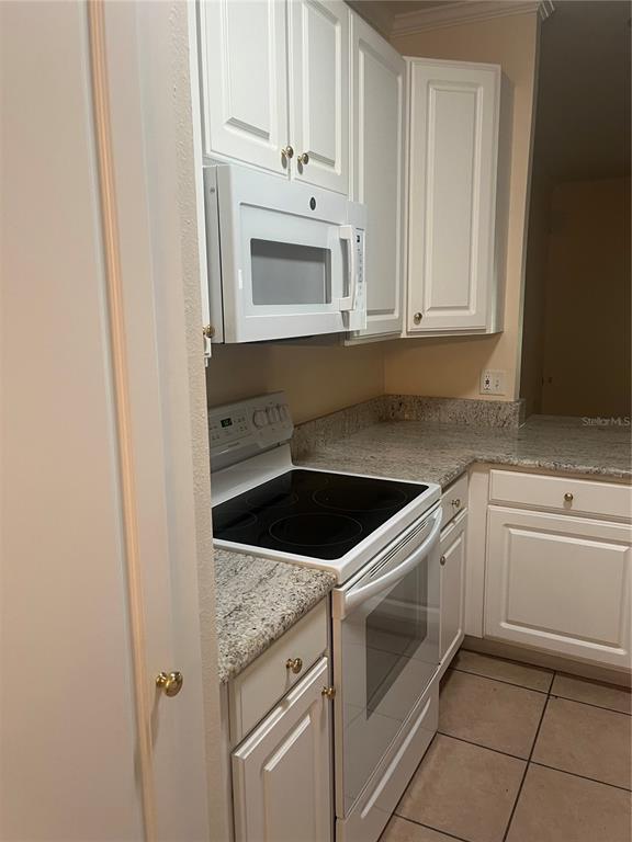 A kitchen features white cabinets, a microwave, an electric stove, and granite countertops — 8509 ALEXANDRA ARBOR LANE, TAMPA, FL