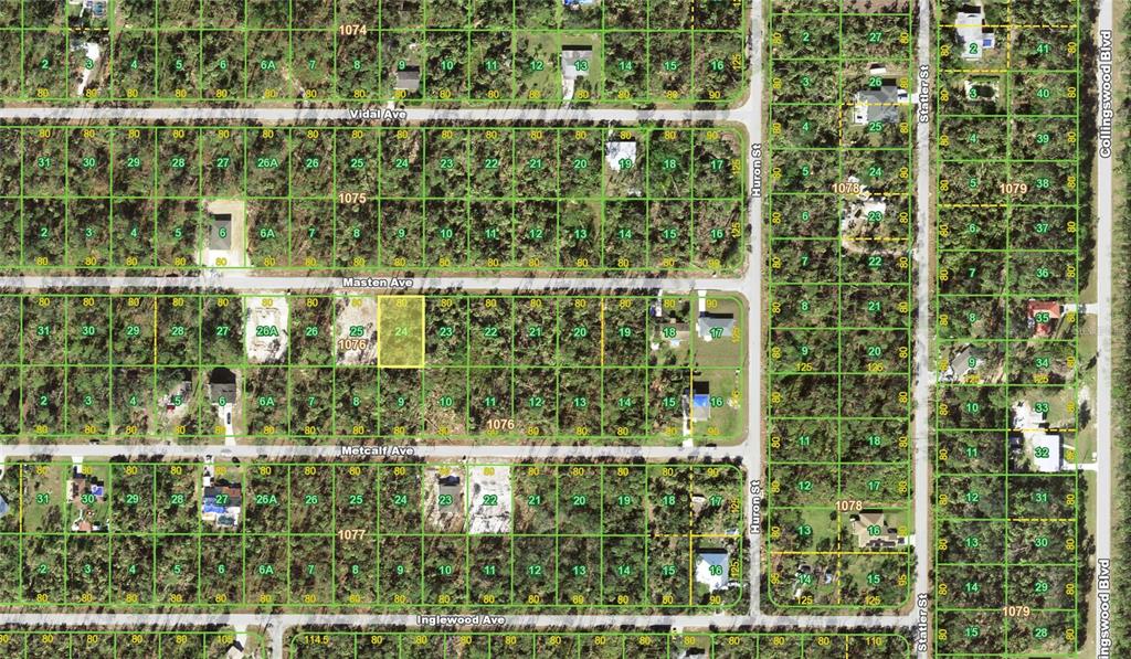 This is a satellite map showing a grid of residential land parcels and streets — 17407 MASTEN AVENUE, PORT CHARLOTTE, FL
