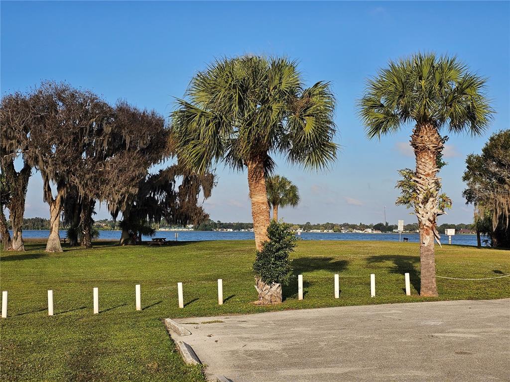 A grassy lawn with palm trees and large oaks overlooks a lake near a parking area — 213 IMAGINATION DRIVE, LAKE PLACID, FL