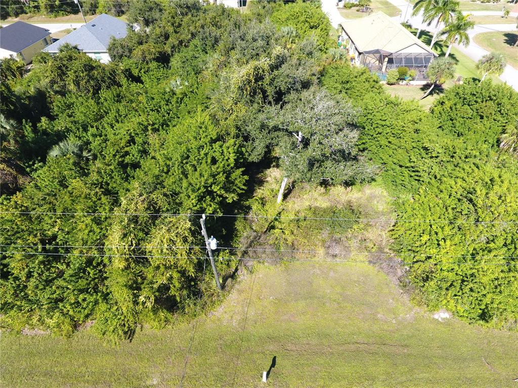 An aerial view of a heavily wooded, undeveloped residential lot with a utility pole — 394 ALBATROSS ROAD, ROTONDA WEST, FL