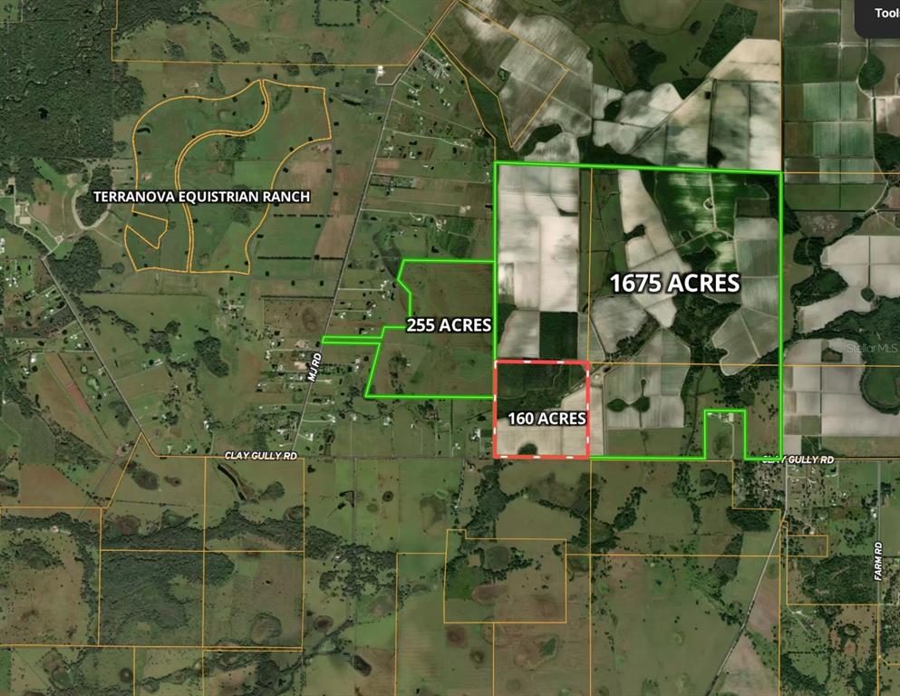 An aerial map shows outlined land parcels with acreage labels, including a 160-acre highlighted section — 142 142ND, MYAKKA CITY, FL