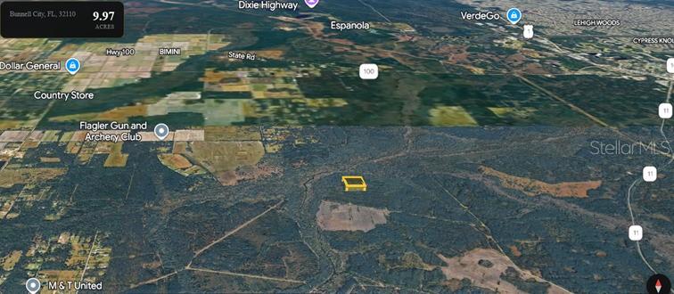 An aerial map view shows a highlighted 9.97-acre parcel of land surrounded by wooded areas — E COUNTY ROAD 90, BUNNELL, FL