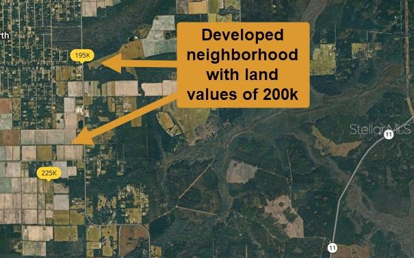 This map shows an aerial view of land parcels with price labels and neighborhood markers — E COUNTY ROAD 90, BUNNELL, FL