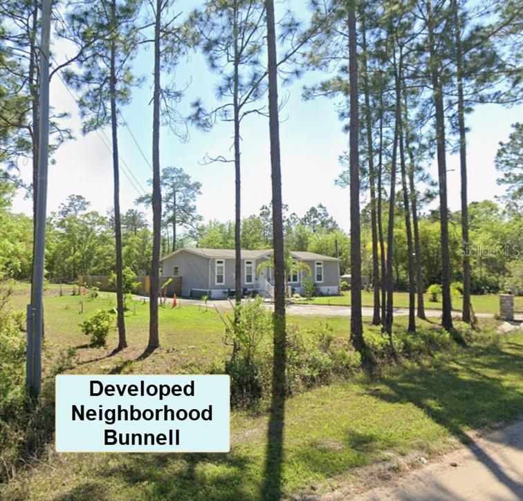 A single-story house sits on a grassy lot surrounded by tall pine trees — E COUNTY ROAD 90, BUNNELL, FL