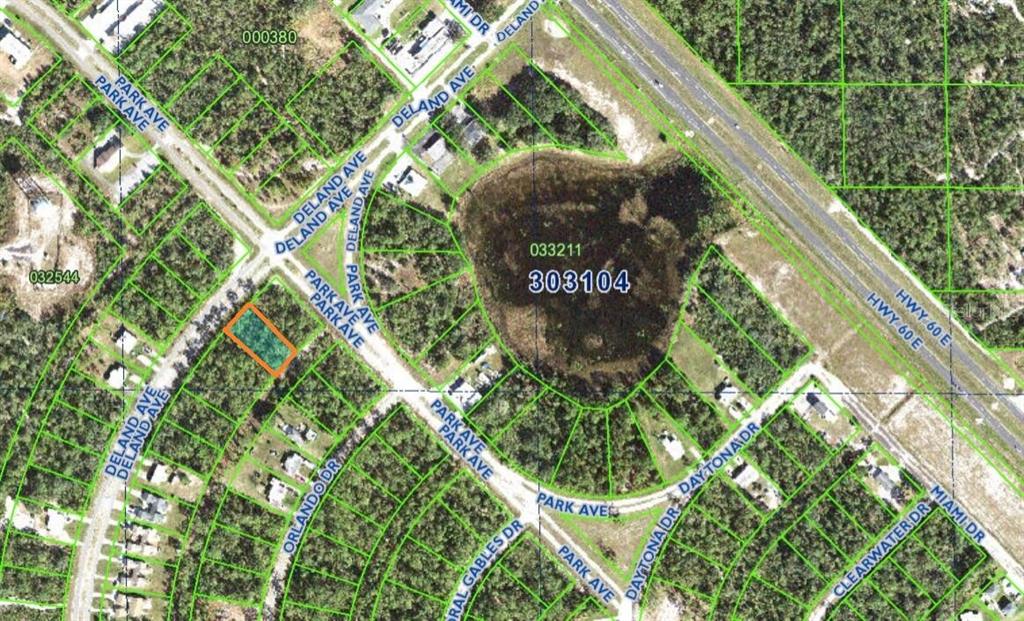 This is an aerial map showing a highlighted rectangular land parcel near a large pond — 6591 DELAND AVENUE, INDIAN LAKE ESTATES, FL