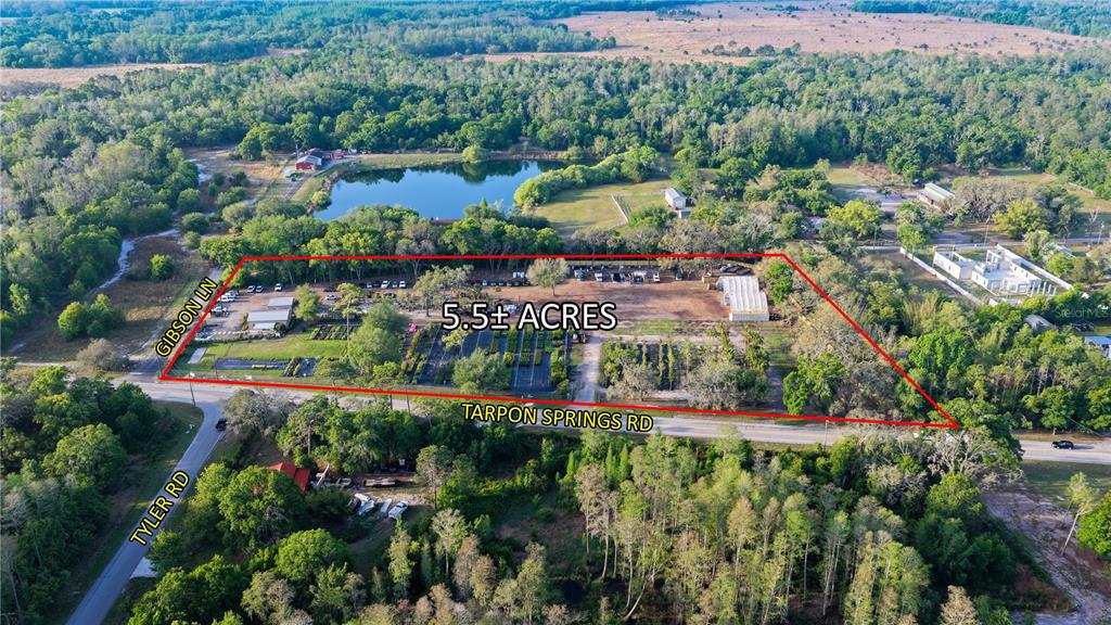 An aerial view shows a 5.5-acre property with a nursery, greenhouses, and buildings along a road — 12980 TARPON SPRINGS ROAD, ODESSA, FL