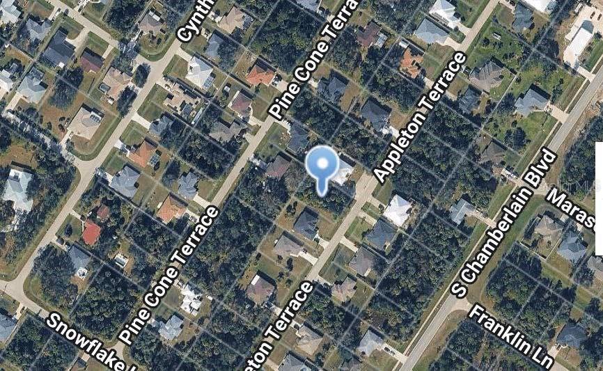 This is an aerial map view of a residential neighborhood with houses and streets — APPLETON TERRACE, NORTH PORT, FL