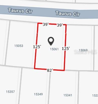 This is a map showing the property boundaries and dimensions of a residential lot — 15061 TAURUS CIRCLE, PORT CHARLOTTE, FL
