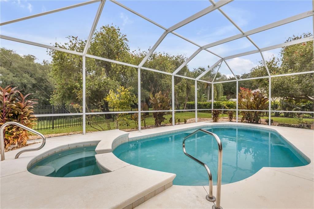 A screened-in swimming pool and attached spa are surrounded by a concrete deck and landscaping — 6095 SUMMERLAKE DRIVE, PORT ORANGE, FL