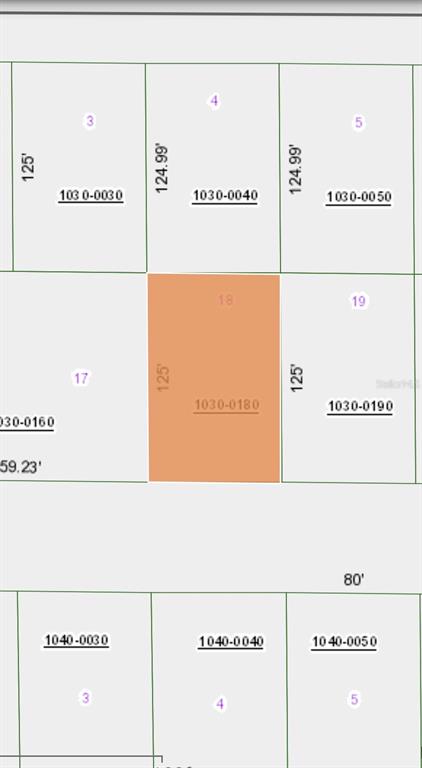 This is a property tax map showing parcel 1030-0180 highlighted in orange — 106 CHIPOLA DRIVE, GEORGETOWN, FL