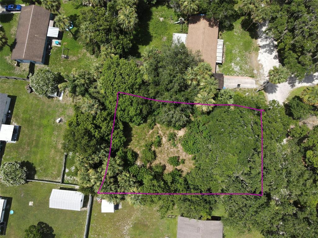 An aerial view shows a rectangular, tree-covered vacant lot outlined in purple — 1622 PALM STREET, DELAND, FL