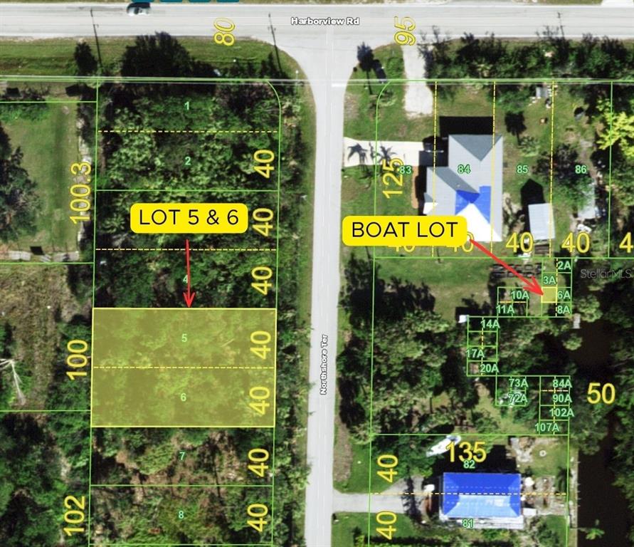 This is a map showing two highlighted parcels of land on opposite sides of a road — 186 NORTHSHORE TERRACE, PUNTA GORDA, FL