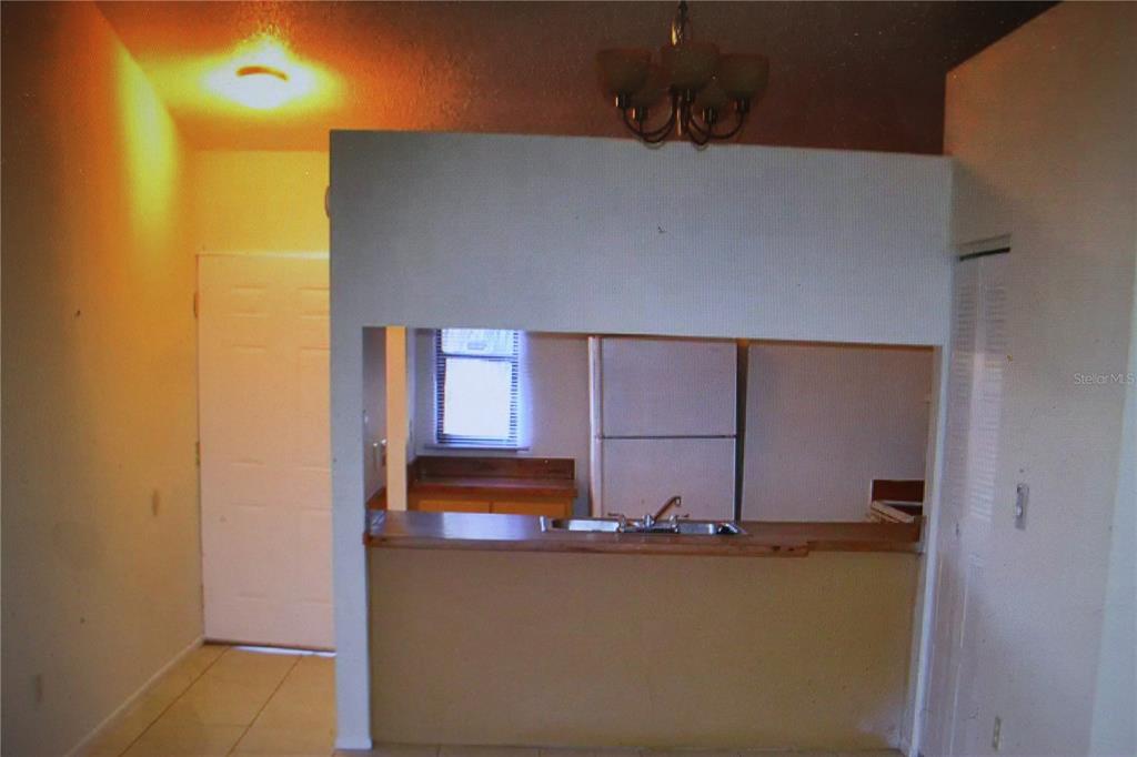 A kitchen with white appliances and a wooden countertop is visible through a wall opening — 924 OTTO VILLA PLACE UNIT 12, TAMPA, FL