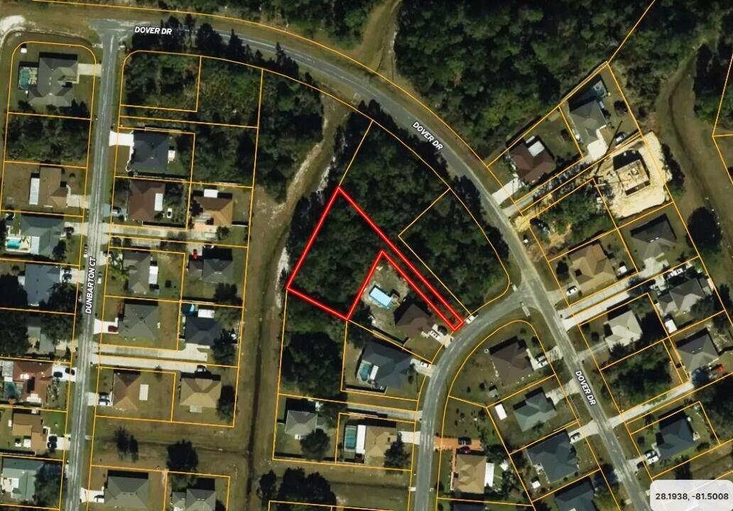 This aerial map shows a residential lot outlined in red within a suburban neighborhood — 0 Banbridge Drive, FL 34758, FL