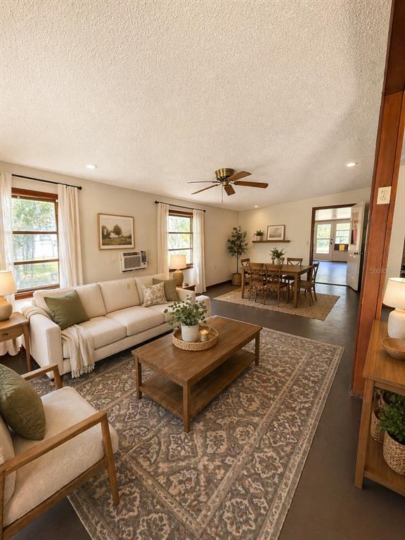 A living room and dining area feature light-colored furniture, a patterned rug, and wood accents — 11411 HUGGINS ST, LEESBURG, FL