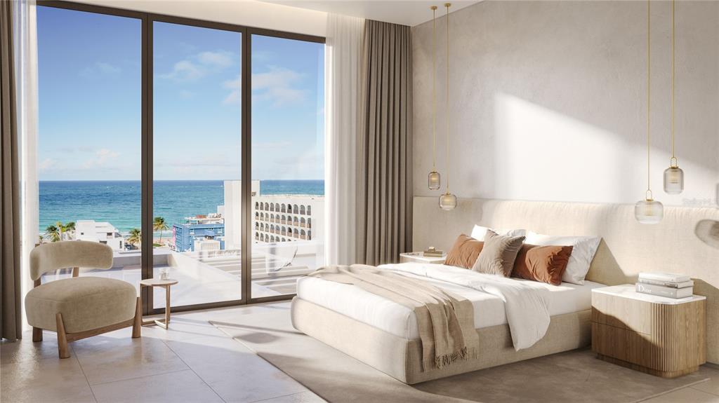 This rendering shows a modern bedroom with a large window overlooking the ocean — The Icon 1120 ASHFORD AVE UNIT 502, SAN JUAN, PR
