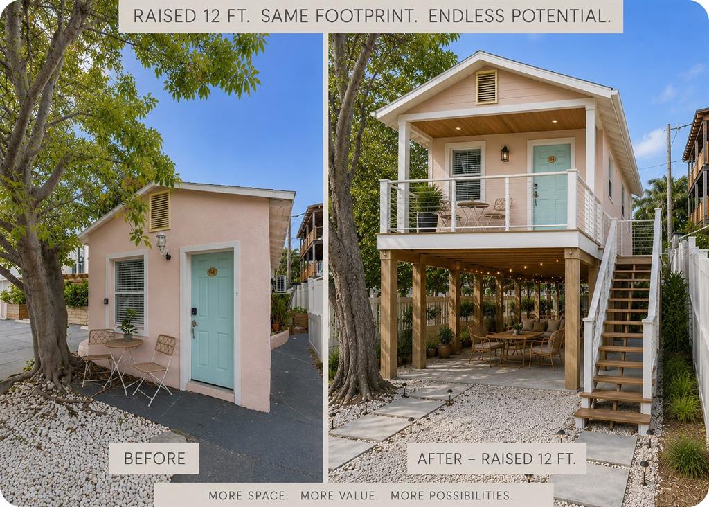 A split-screen photo shows a small house before and after being elevated on stilts — 106 E BAY DRIVE, TREASURE ISLAND, FL