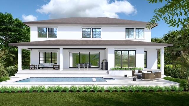 This is a digital rendering of the rear exterior of a two-story house with a pool — 456 RAFAEL BOULEVARD NE, ST PETERSBURG, FL